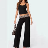 Women's spring and summer leopard print stitching micro-flared high-waisted casual trousers