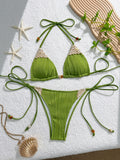 Sexy Blue Knitted Patchwork Bikini Set Women Halter Push Up Bra Bandage Thong Swimsuit Summer Bathing Suit Pool Swimwear 2026