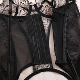 Embroidered flower underwear, sexy three-point mesh fishbone body shaping sexy suit with stockings
