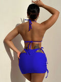 Summer Leopard Patchwork Women's 3 Pieces Suit Swimwear Sexy Halter Lace-up Micro Bikini Set+skirt Cover Up Reversible Beachwear
