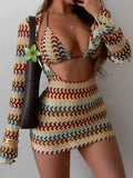 Print With Long Sleeve Cover Up Bikini Women Swimsuit Female Swimwear Three-pieces Bikini Set Bather Bathing Suit Swim Beachwear