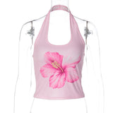FDYOUI 2026 Summer Flower Print Pink Tank Tops for Women Casual Sexy Backless Crop Top Girls Sleeveless T-shirt Y2K Streetwear