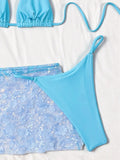 Sexy Sequin Pink Bikini Set Women Shiny Push Up Bra Thong Mesh Drawstring Skirt 3 Piece Swimsuit Bathing Suit Holiday Swimwear