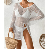 V Neck Long Sleeve Hollow Out Crochet Knitted Tunic Beach Dress Beach Wear Beachwear Beach Cover Up Cover-upsFemale Women V6335