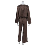 Women Silk Satin Pajama Set Deep V Neck Long Sleeve Lace Trim Tie Front Top Pants Soft Loungewear Elegant Home Sleepwear Night
