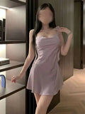New girls' suspender pink chiffon patchwork satin lace nightclub new sexy slim fit nightgown home satin uniform qqny dress E7BX