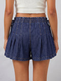 Womens Loose Fit Denim Shorts Drawstring Elastic Mid Rise Pleated Wide Leg Short Pants Casual Stylish Summer Skorts