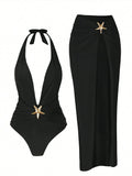 2026 Halter One Piece Swimsuit & Beach Skirt Sexy Backless Swimwear Women Bathing Swimming Swim Suit Female Summer Beachwear