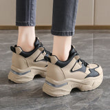 Chunky Platform Women Sport Sneaker Lace-Up Thick Bottom Vulcanize Shoes Woman Spring Autumn Pu Leather Breathable Running Shoes