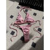 Halter Glitter Sparkling High Leg Cut Bikini Women Swimwear Female Swimsuit Two-pieces Bikini Set Bather Bathing Suit Swim V5102