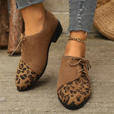 New Patchwork Loepord Pointed Toe Shoes for Women Retro Fax Suede Lacing Pumps Woman Shallow Square Heel Single Shoes Mujer