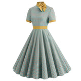 Retro Women's Plaid Dress Stand Neck Short Sleeve Cotton Dresses Lace Up Bow Tie Pleated Swing Vestidos Vintage Court Dresses
