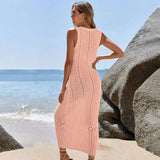 S - XL 2025 V Neck Hollow Out Crochet Knitted Tunic Beach Cover Up Long Cover-ups Beach Dress Beach Wear Beachwear Female Women