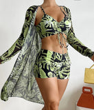 New Women's 3 Pieces Swimsuit Allover Print Tankini+Long Gauze Coat Cover-Up Swimwear High Waist Shorts Bathing Suit Beachwear