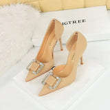 BIGTREE Pumps Elegant Pointed Crystal Buckle Slim High Heel Single Shoes Women Silk Spring/Summer High Heel Pumps Wedding Dress