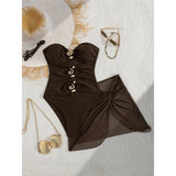 XS - L 6 Colors With Skirt Cut Out Women Swimwear Bandeau Metal Ring Bather Bathing Suit Swim One Piece Swimsuit Female K8108