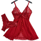 Floral Lace Split Sexy Babydoll Semi-sheer Deep V Bow Ruffle Dress And Panties Underwear Sets Women's Erotic Lingerie Nightgown