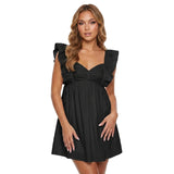 Women Summer Solid Color A-Line Dress Casual Sweetheart V-Neck Flutter Sleeves Mini Dresses for Beach Party Club