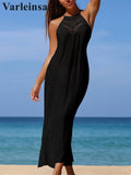 Solid Hollow Out Sleeveless Crochet Knitted Tunic Beach Cover Up Cover-ups Beach Dress Beach Wear Beachwear Female Women V7642