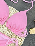 Sexy solid color special fabric swimsuit women's split bikini set woven rope hanging neck beach swimwear