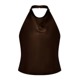 Women Summer Halter Neck Vest Sleeveless Open Back Solid Color Satin Tank Tops