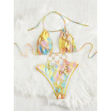 S - XL Printed Halter Metal Rings One Piece Swimsuit Women Swimwear Female Monokini High Leg Cut Bather Bathing Suit Swim V7721