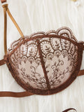 Coffee vintage lace lingerie set - Sexy net fabric embroidery 3/4 cup gathering bra with elasticized straps thong set