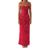 Women Summer Glitter Sequin Beaded Flower Cami Dress Slim High Split Spaghetti Strap Open Back Long Dresses for Party Club