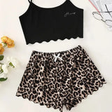 Women's Pajamas Set Sexy Lingerie Leopard Print Sling Sleepwear V-Neck Sleeveless Top and Shorts Sets Pyjamas Homewear