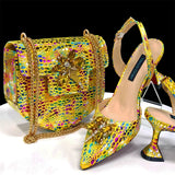 Doershow New Arrival African Wedding Shoes and Bag Set gold Color Italian Shoes with Matching Bags Nigerian lady party  1-12