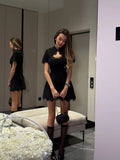 Ahagaga Sexy Women's Mini Dresses Patchwork Short Sleeves Lace Hollow Out Slim Fit Trend Baisc Turtleneck Streetwear Female Robe