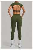 Yoga Set Women's Tracksuit Short Sleeve Back Hollow Out Sports Top Athletic Wear Tight High Waist Pocket Leggings Fitness Suits