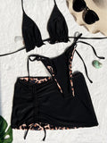 2026 Summer Leopard Print 3 Pieces Suit Swimwear Reversible Sexy Halter Lace-up Bikini Set Drawstring Skirt Cover Up Beachwear