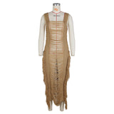 DEKA Women Knitted Tassel Beach Bikini Cover Up Backless Crochet Long Beach Dress Swimwear Side Split Hollow Out Sundress