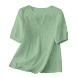 Women Summer Loose Embroidered V Neck Solid Color Short Sleeved Comfortable Button Down Shirt Top женская одежда
