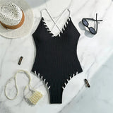 5 Colors V Neck Ribbed Cross Back One Piece Swimsuit Women Swimwear Female High Leg Cut Monokini  Bather Bathing Suit Swim V6278
