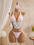 Sexy Black Mesh Shorts 3 Piece Bikinis Sets  2026 Women Pearls Push Up Tassel Bra Swimsuit Beach Holiday Bathing Suit Swimwear