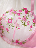 Women's Pink Floral Embroidery Lingerie Set Half Cup Push Up Bra And Thong Sheer Mesh Lace Comfortable Sexy Underwear ZA824026