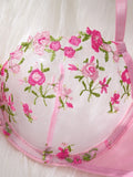 Women's Pink Floral Embroidery Lingerie Set Half Cup Push Up Bra And Thong Sheer Mesh Lace Comfortable Sexy Underwear ZA824026