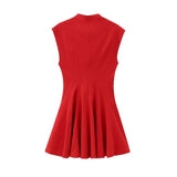 Foridol Stand Collar Sleeveless Pleated Tank Dress for Women Brown Casual Short Autumn Winter Dress Zip Black Ladies Vestidos