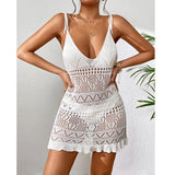DEKA Style Knitting Multicolor Slip Dress Fashion Hollow Out Short Dress Women's Beach Holiday Bikini Cover Up Fishnet Crochet S