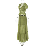 FDYOUI Sexy V-neck Lace Patchwork T-shirt Tops+Long Skirt 2 Piece Set Women's Summer Green Holiday Party Dress Suit Streetwear