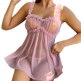 Women Pink Sweet Nightdress Sexy Lace Bow Adult Dress Babydoll Sex Sleepdress And Thongs Lingerie Sets Erotic Outfits For Night