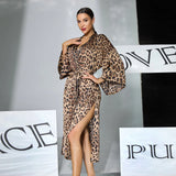 Sexy Leopard Print Satin Long Robe Women Flare Sleeve Tie Waist High Slit Loungewear Outerwear