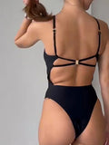 Metal Ring Backless Black Women Swimwear One Piece Swimsuit Female Brazilian High Leg Cut Padded Bather Bathing Suit Swim V7512