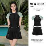 Split Sports Swimsuit, Women's Flat Corner Skirt Style Two-piece T-shirt, Girls' Student Sun Protection Swimming Suit