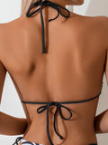 Ladies Zebra Stripe Print Bikini Set Casual Sexy Backless Tie Swim Top Beach Vacation Fashionable Side Tie Swim Bottoms