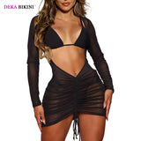 DEKA Sold Triangle Bikini Set Blouse Swimsuit Women Printed Halter Swimwear Cover Up Beach Wear 3 Pieces Sheer Bathing Suit