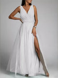 Elegant Solid Color Fine Sparkle Party Dresses Women Temperament V-neck Leace-up Mesh Slit Long Dress Evening Vestidos Female