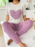 Autumn Winter Round Neck Short Sleeve Long Pants with Ribbed Stripes and Letter Heart Print Women's Pajamas Home Wear